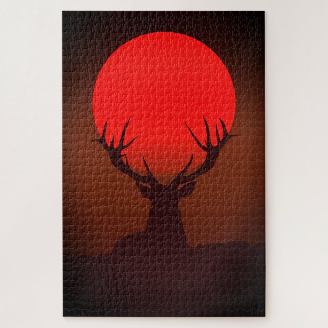 Puzzle Silueta de ciervo con puesta de sol roja ardiente (Vertical)