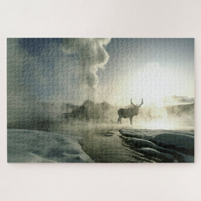 Puzzle Silueta de Elk al amanecer en Castle Geyser (Horizontal)