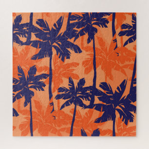 Puzzle Silueta de palmera azul, fondo naranja