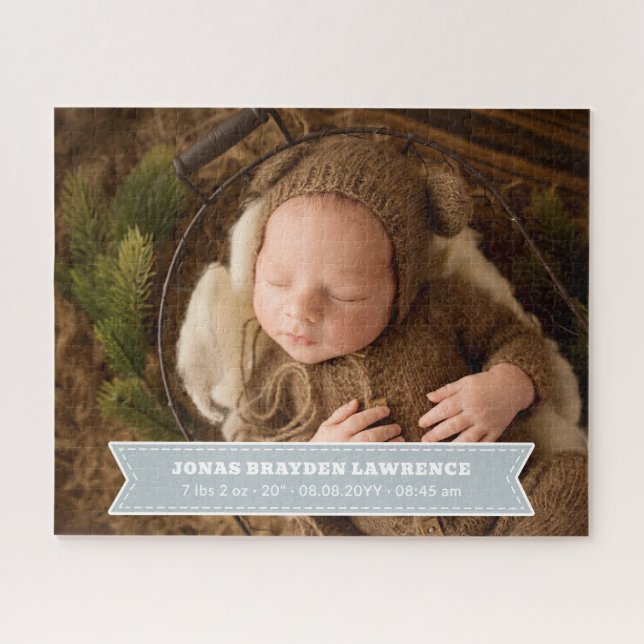 Puzzle Silver Gray Newborn Baby Boy Birth Stats Photo (Horizontal)