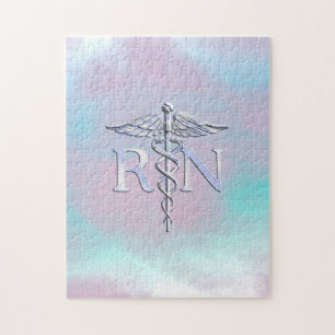 Puzzle Silver Style RN Caduceus Medical Mother Pearl