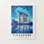 Puzzle Singapur Marina Bay Night Travel Art Vintage<br><div class="desc">Diseño de viajes vectoriales retro de Singapur. Marina Bay es un área de lujo de rascacielos,  hoteles elegantes y centros comerciales de lujo. Es conocida por la imponente rueda de la ferry de volante de Singapur y los floridos conservatorios y coloridos superárboles de los jardines de la bahía.</div>