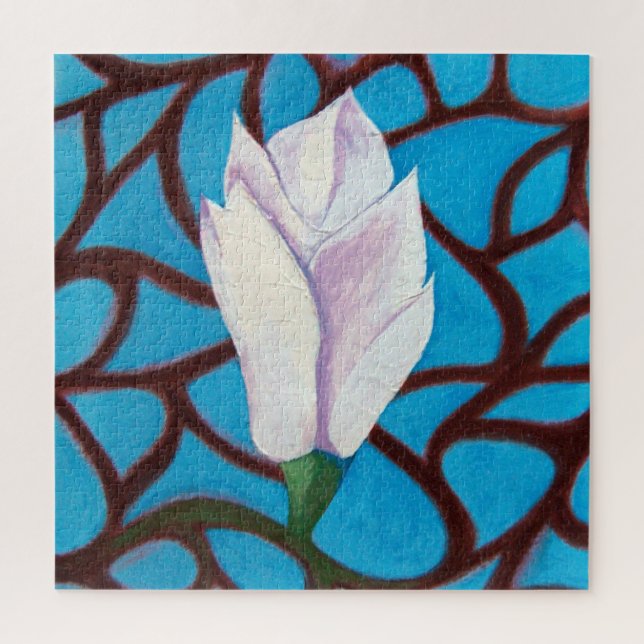 Puzzle Single Magnolia Flower Blue White Template Spring (Vertical)