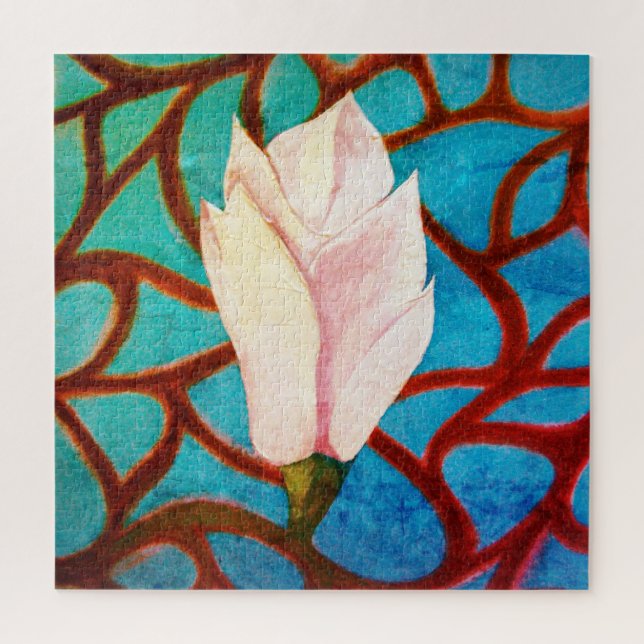 Puzzle Single Magnolia Flower Pink Teal Template Spring (Vertical)