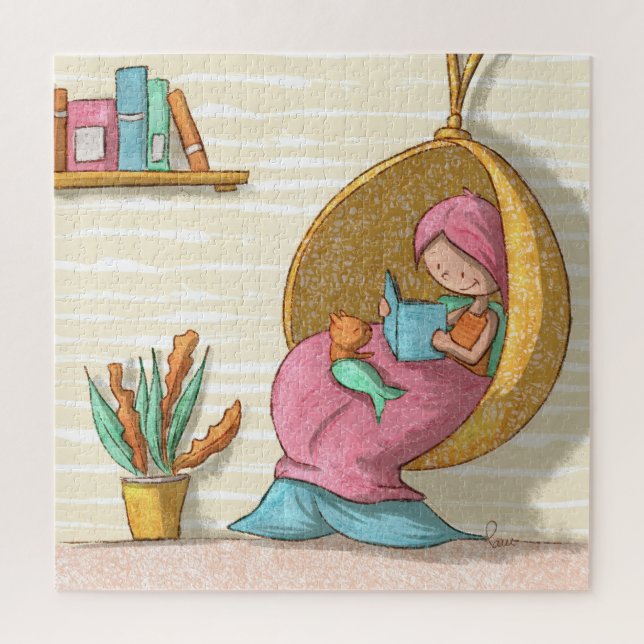 Puzzle Sirena Acogedora Leyendo con Gata Sirena Ilustrada (Vertical)