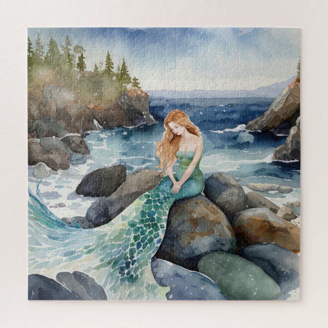 Puzzle Sirena De Acuarela Sobre Las Rocas Del Océano (Vertical)