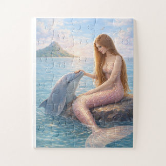 Puzzle Sirena de cola rosa y delfín