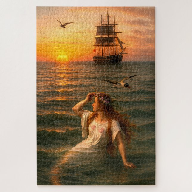 Puzzle Sirena mirando un barco a vela al atardecer (Vertical)