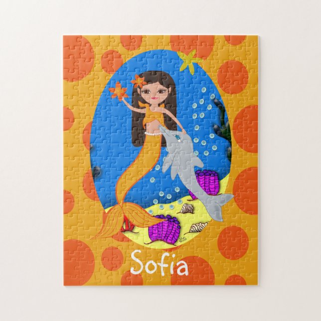 Puzzle Sirenita naranja en el océano con delfín (Vertical)