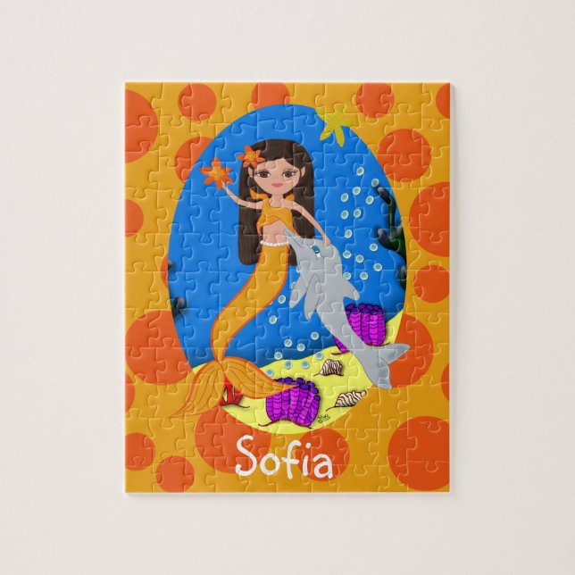 Puzzle Sirenita naranja en el océano con delfín (Vertical)