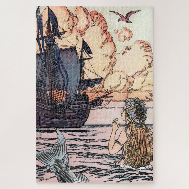 Puzzle Sirenita Vintage En El Mar Mirando El Barco De Vel (Vertical)