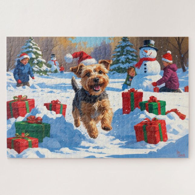 Puzzle Skye Terrier corriendo en la nieve con sombrero de (Horizontal)