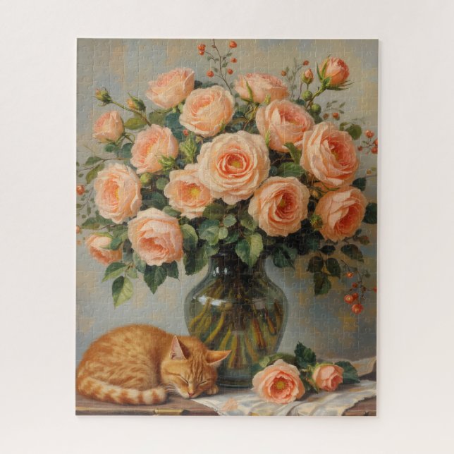 Puzzle Sleeping Cat and Roses (Vertical)