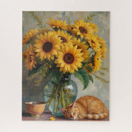 Puzzle Sleeping Cat and Sunflowers