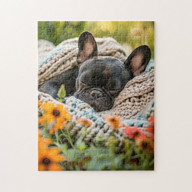 Puzzle Sleeping Frenchie In Flower Meadow (Vertical)
