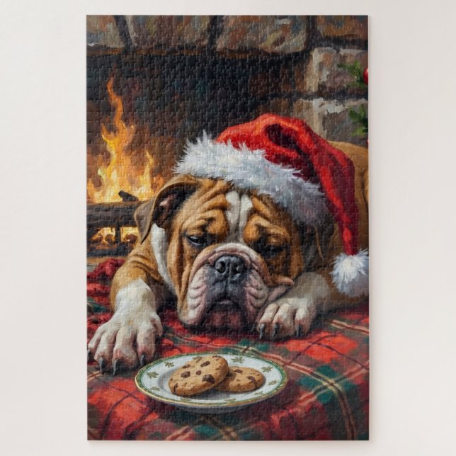 Puzzle Sleepy Bulldog Dog Fast Asleep Santa Hat Christmas (Vertical)