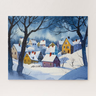 Puzzle Sleepy Snowy Village - acuarela