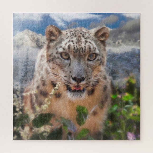 PUZZLE SNOW LEOPARD SPRINGTIME FLOWERS (Vertical)