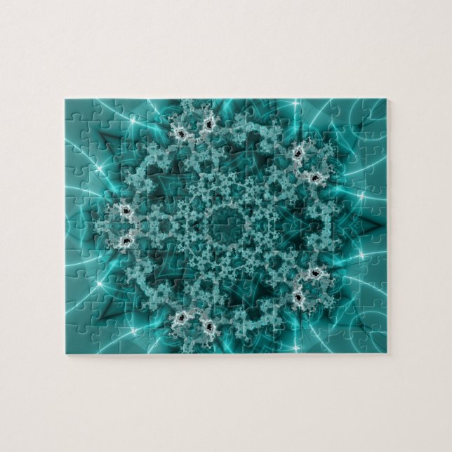 Puzzle Snowflake | Arte fractal azul y blanco (Horizontal)
