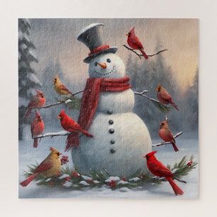 Puzzle Snowman con los cardenales rojos nevando