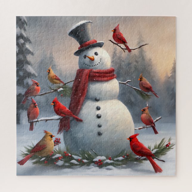 Puzzle Snowman con los cardenales rojos nevando (Vertical)