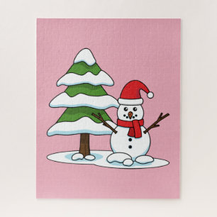 Puzzle Snowman con un árbol de pino con nieve