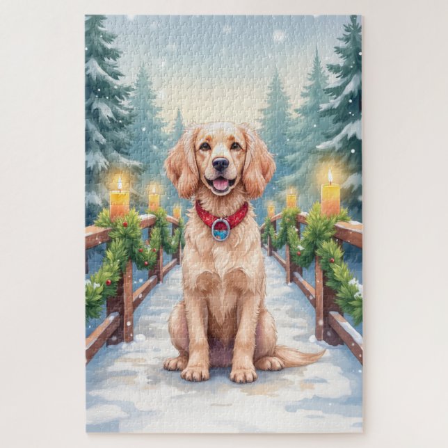 Puzzle Snowy Bridge Boykin Spaniel Christmas Art (Vertical)