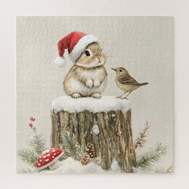 Puzzle Snowy Forest Winter Woodland Christmas Bunny Bird  (Vertical)