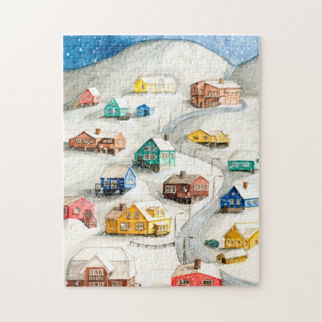 Puzzle Snowy Winter Village Art (Vertical)