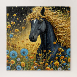 Puzzle Soberbio Semental Negro entre Vibrantes Flores Sil