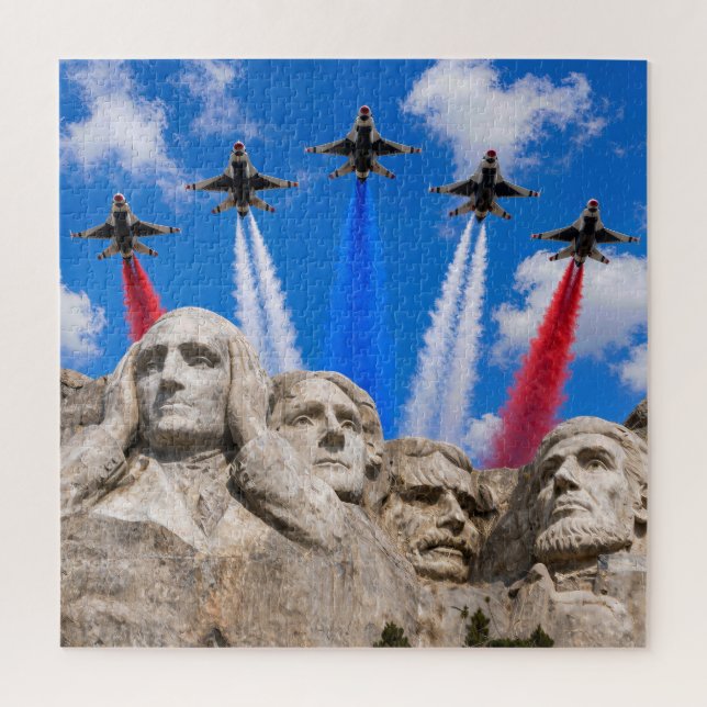 Puzzle Sobrevuelo de avión de combate en Mount Rushmore (Vertical)