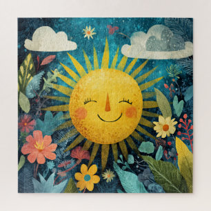 Puzzle Sol sonriente colorido sobre flores bonitas