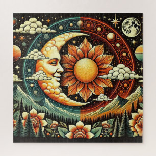 Puzzle Sol y Luna Caprichosos en un Cosmos Surrealista