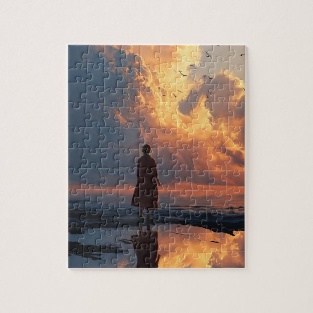 Puzzle Soledad del Atardecer: Mujer con vestido rojo (Vertical)