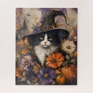 Puzzle Sombrero de bruja de gato negro vintage floral de 