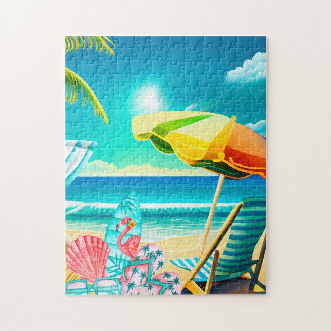 Puzzle Sombrillas de playa de verano, tabla de surf y árb (Vertical)