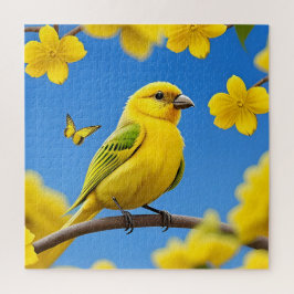 Puzzle Sonríe amarillo brillante encaramado en una rama