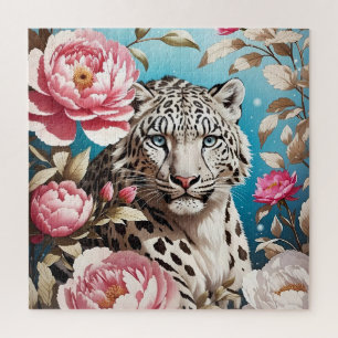 Puzzle Sorprendente Red De Leopardo De La Nieve Y Peonías