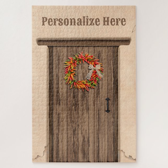 Puzzle Southwest Chile Ristra Wreath Weathered Wood Door (Vertical)