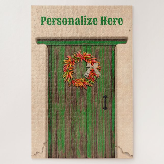 Puzzle Southwest Chile Ristra Wreath Weathered Wood Door (Vertical)