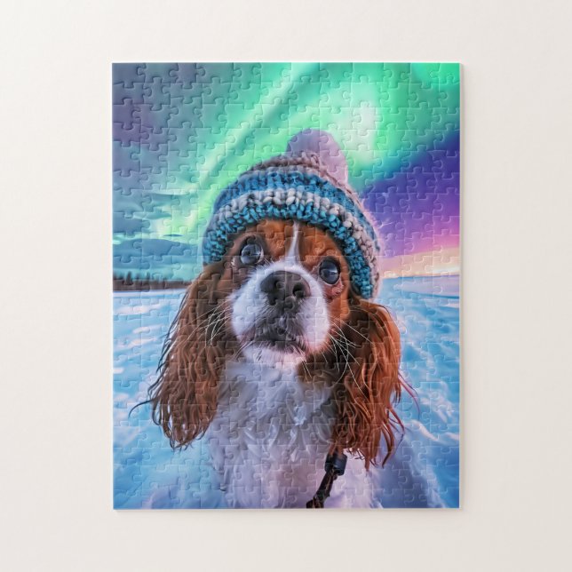 Puzzle Spaniel bajo las luces del norte Noruega (Vertical)