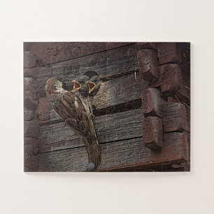 Puzzle Sparrow Family Feeding Baby Birds