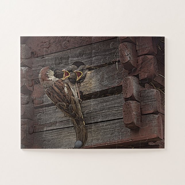 Puzzle Sparrow Family Feeding Baby Birds (Horizontal)