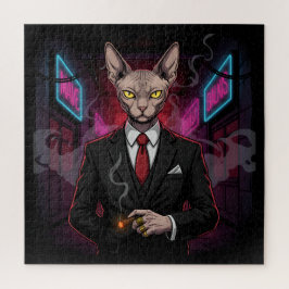Puzzle Sphynx Mafia Cat in Neon Noir Style