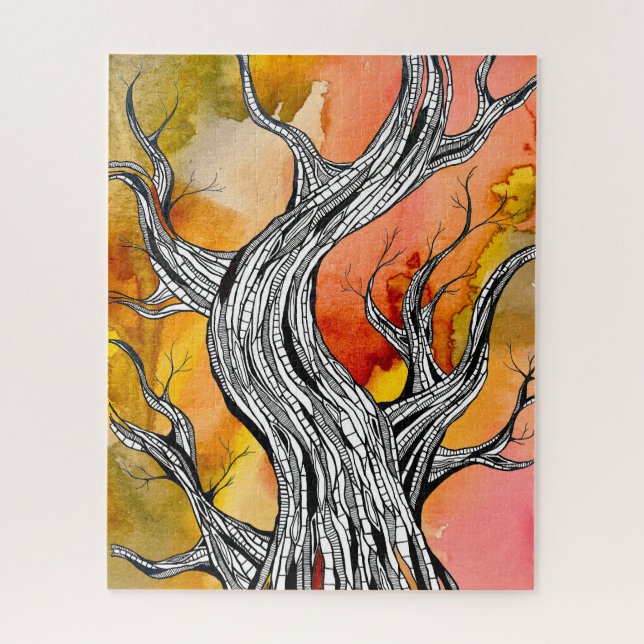 Puzzle Spooky Abstract Tree Pen Drawing Art (Vertical)