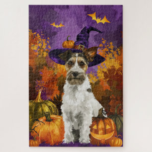 Puzzle Spooky Wirefox Terrier Dog Halloween Bruja Calabaz
