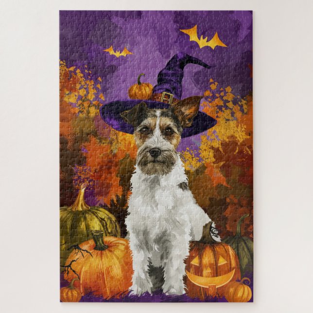 Puzzle Spooky Wirefox Terrier Dog Halloween Bruja Calabaz (Vertical)
