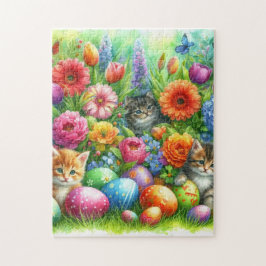 Puzzle Spring Flowers Easter Eggs and Kittens in Garden 