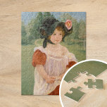 Puzzle Spring: Margot Standing in a Garden | Mary Cassatt<br><div class="desc">Spring: Margot Standing in a Garden (1900) by American impressionist artist Mary Cassatt. Original artwork is an oil painting on canvas. The portrait depicts a young girl wearing a red dress with white pinafore and oversized bonnet in a spring garden. Use the design tools to add custom text or personalize...</div>