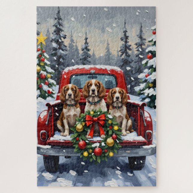 Puzzle Springer Spaniel Christmas Red Truck Holiday (Vertical)